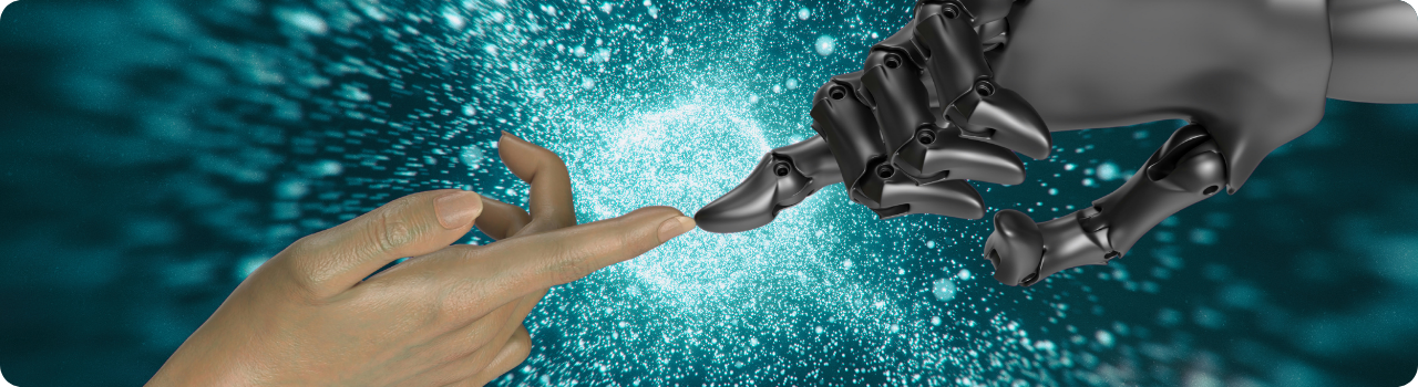 A human hand and a black robotic hand reach towards each other, fingertips almost touching, against a burst of glowing teal particles.