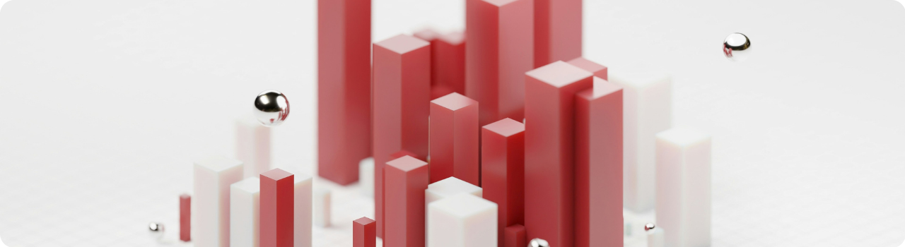 Abstract 3D illustration of red and white vertical bars of varying heights, resembling a financial chart or city skyline, with small metallic spheres floating above a light grey background.